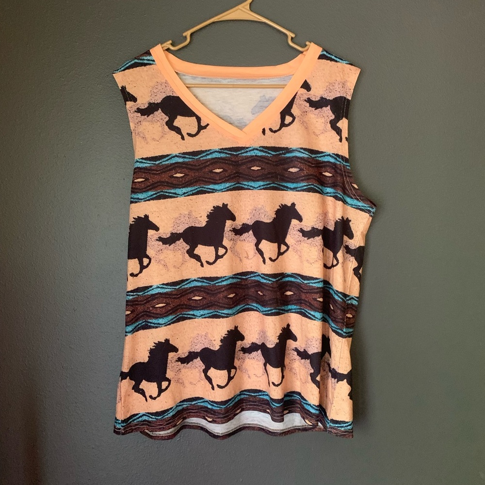 Horse Print Sleeveless Top - Peach and Black 2X